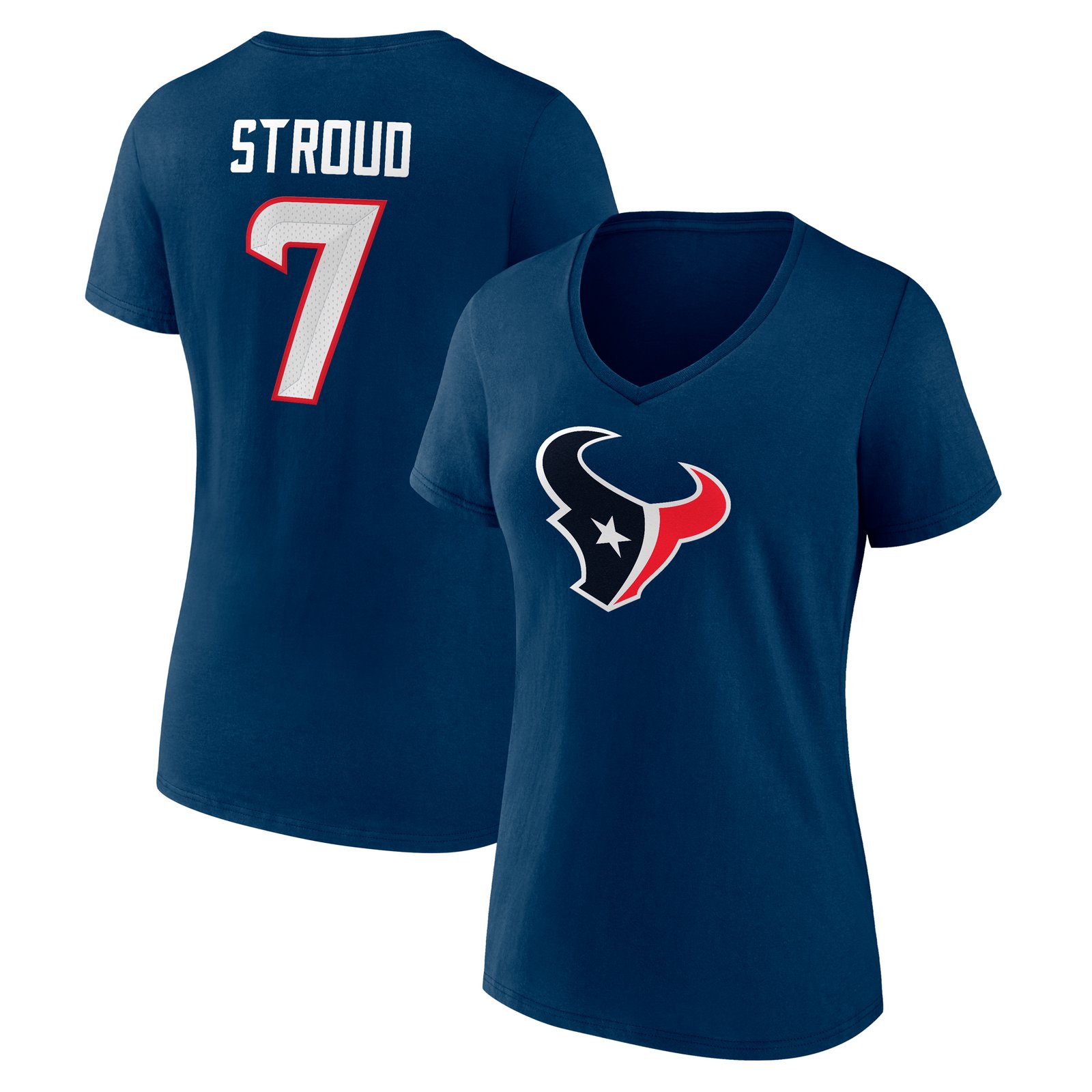 Women’s Fanatics C.J. Stroud Navy Houston Texans Icon Player Name & Number V-Neck T-Shirt