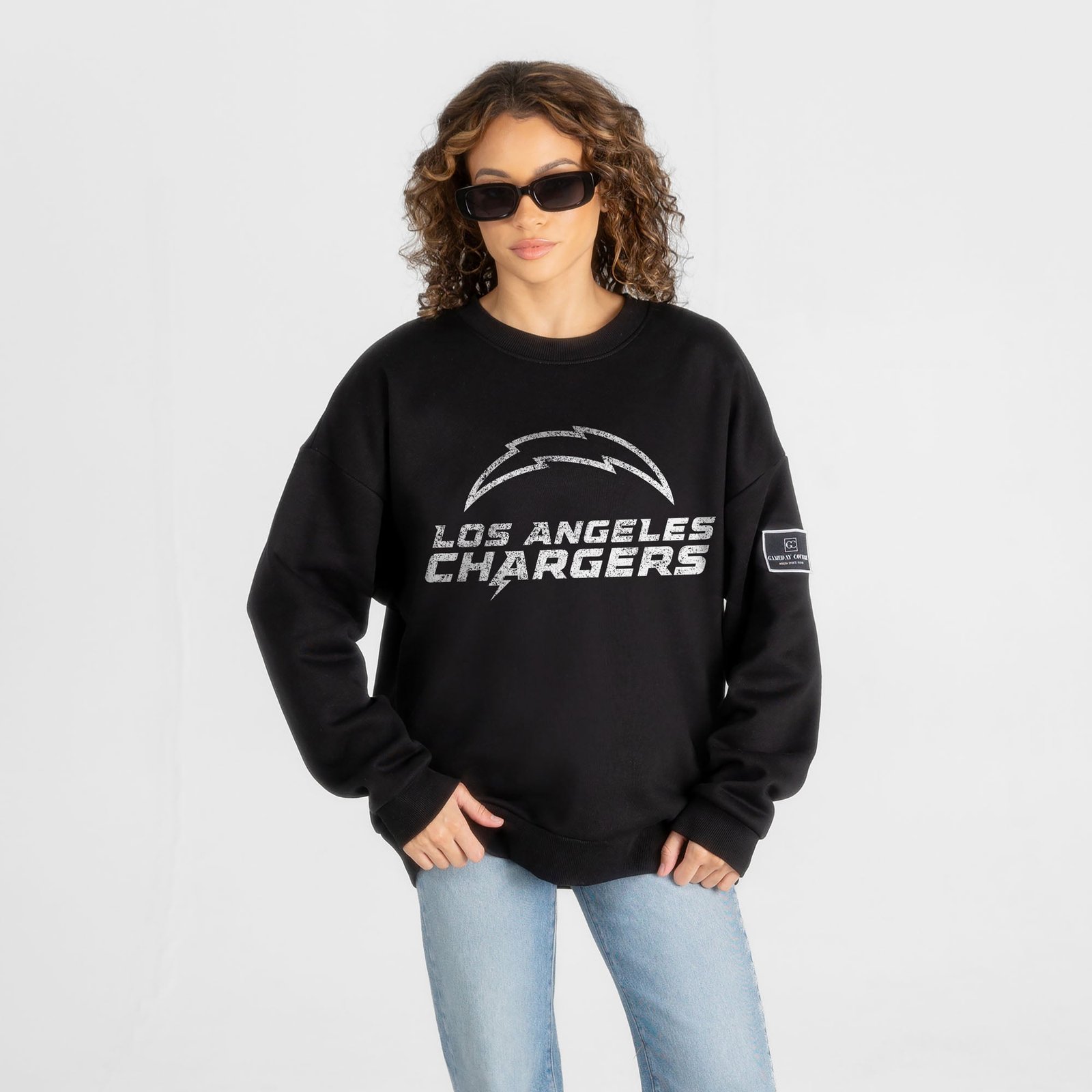 Women’s Gameday Couture Black Los Angeles Chargers Bold Move Black Label Premium Drop Shoulder Sweatshirt