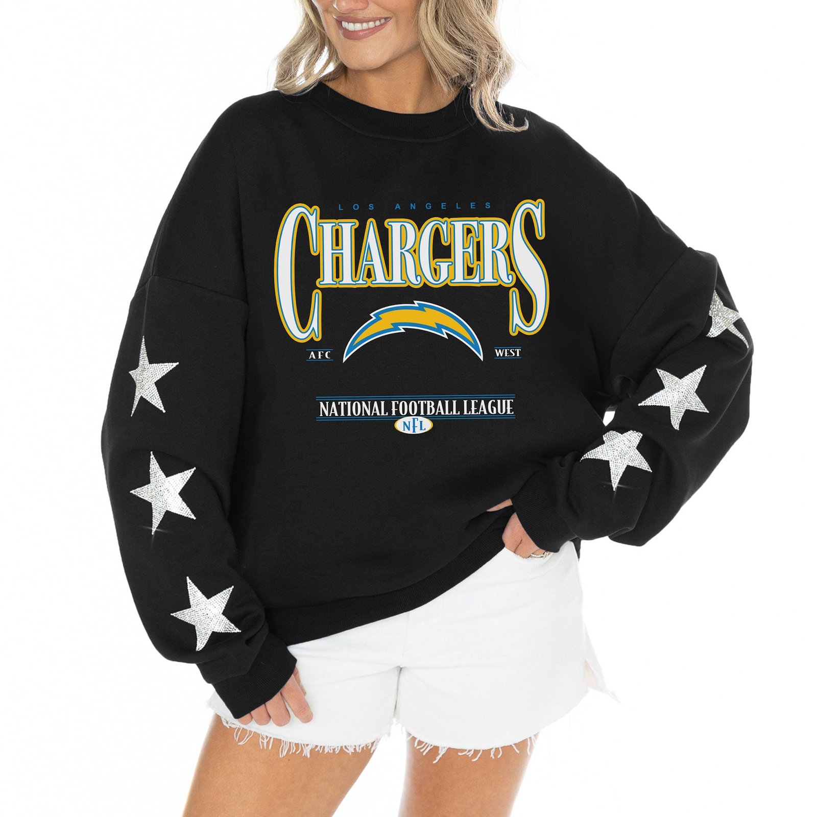 Women’s Gameday Couture Black Los Angeles Chargers Rhinestone Star Sleeve Settle the Score Oversized Tri-Blend Pullover