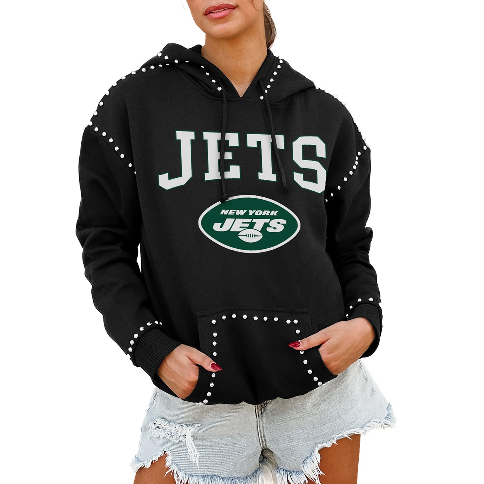Women’s Gameday Couture Black New York Jets Oversized Catch the Vibe Studded Pullover Hoodie