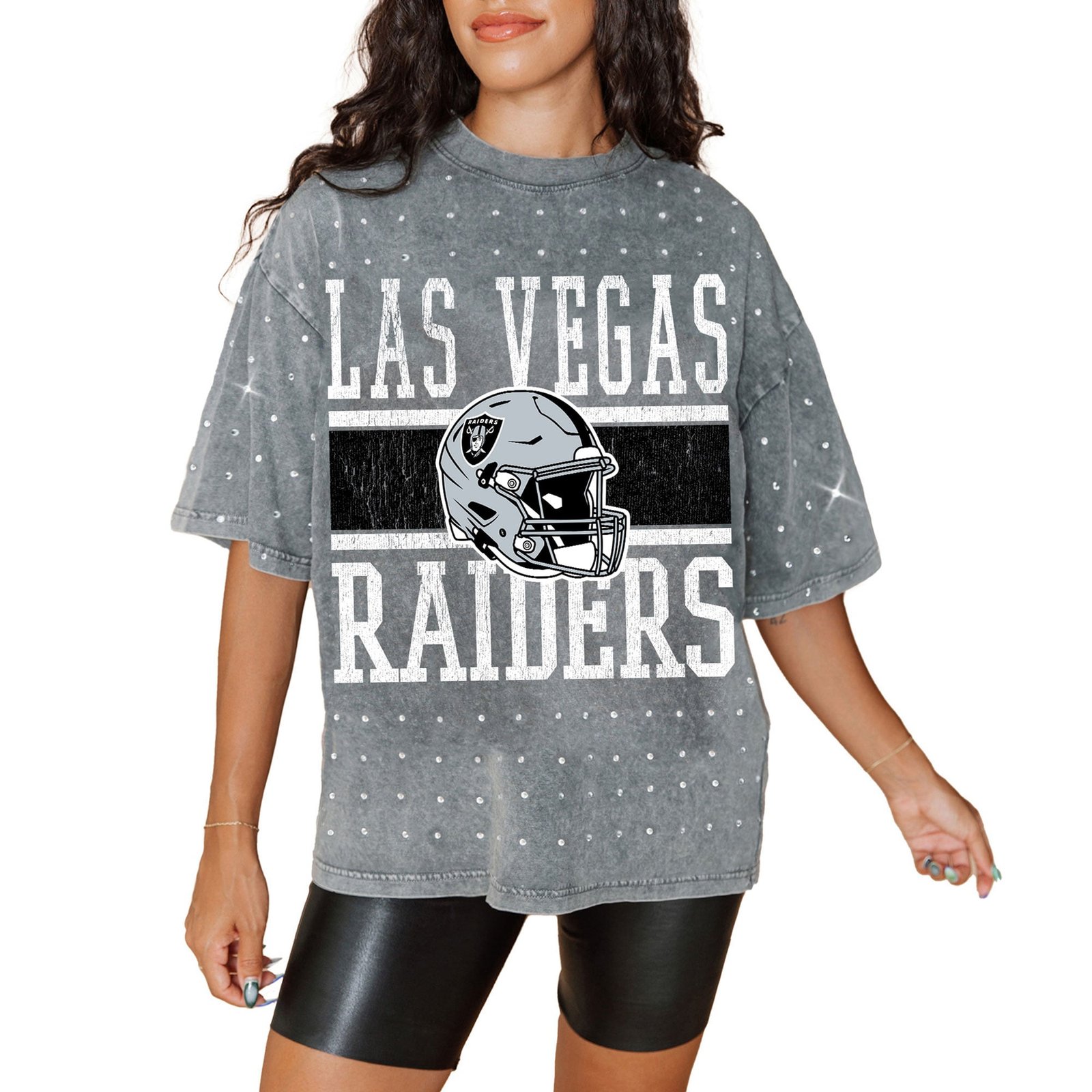 Women’s Gameday Couture Gray Las Vegas Raiders Oversized Mini Rhinestone Classic T-Shirt