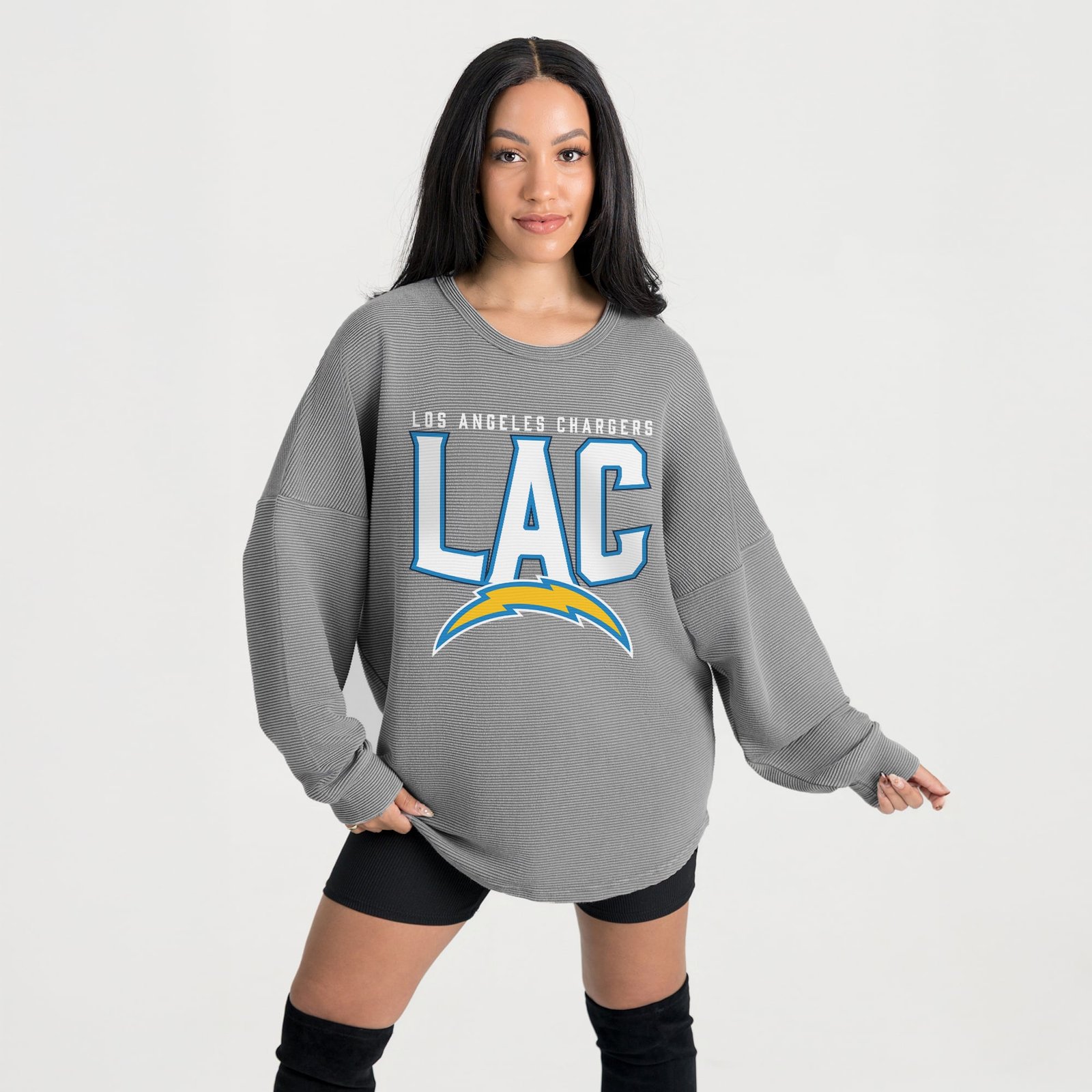 Women’s Gameday Couture Gray Los Angeles Chargers Oversized Pure Motion Corded Sweatshirt