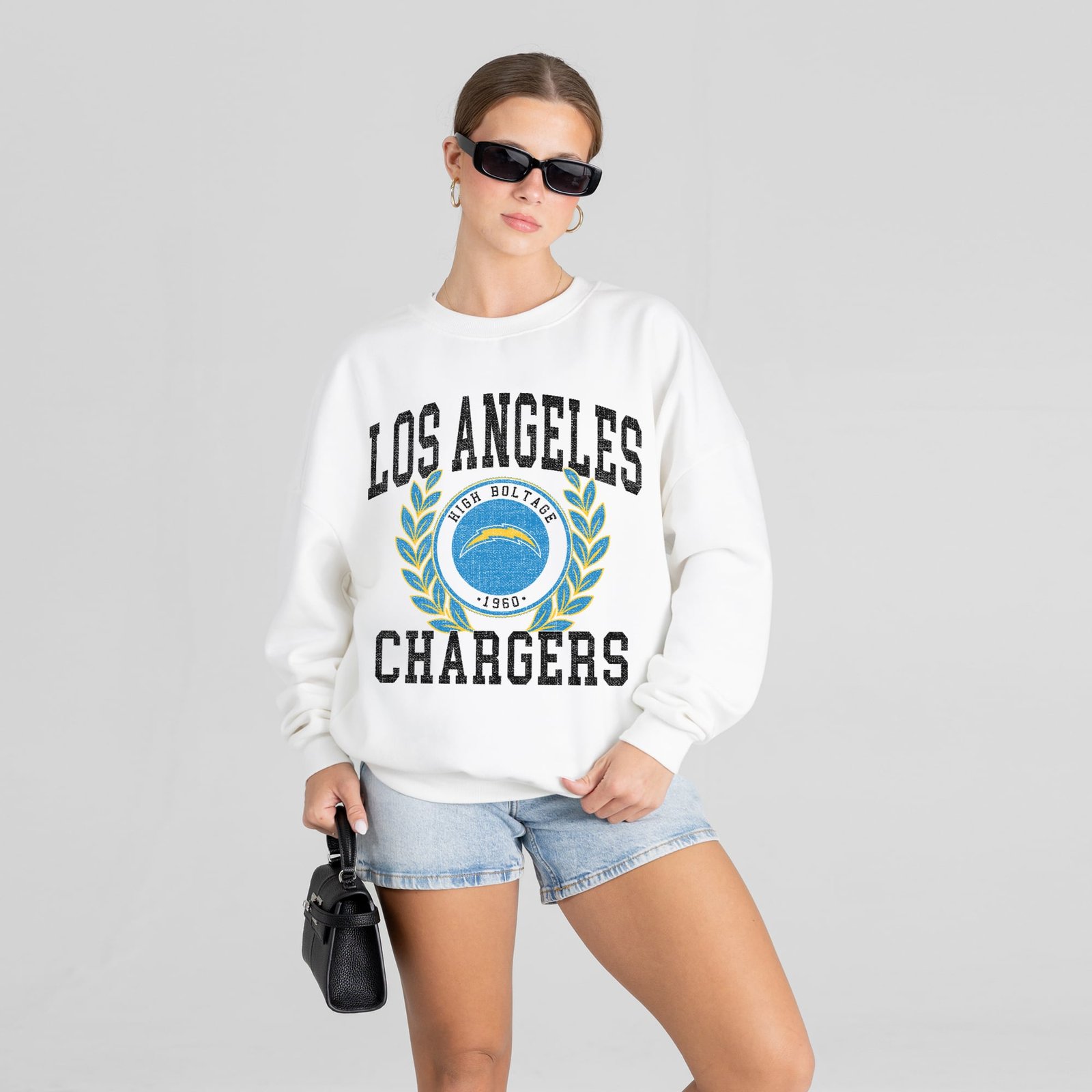 Women’s Gameday Couture White Los Angeles Chargers Gold Standard Oversized Premium Drop Shoulder Sweatshirt