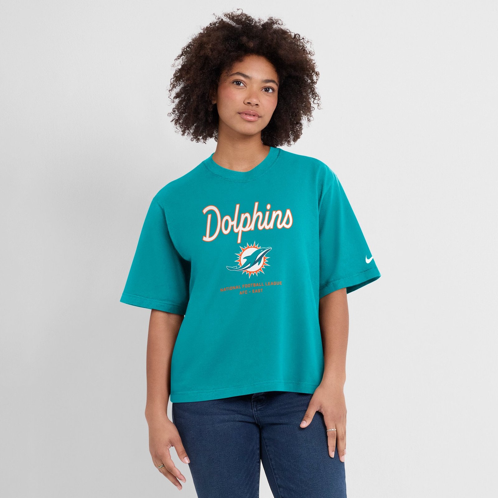 Women’s Nike Aqua Miami Dolphins Essential Script Relaxed Boxy T-Shirt