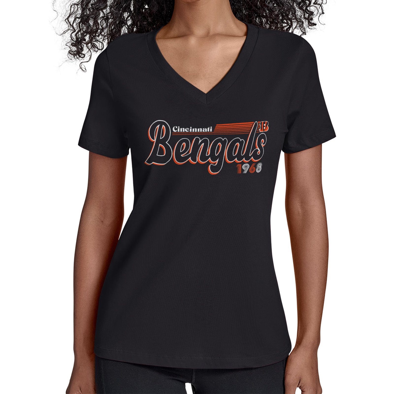 Women’s Starter Black Cincinnati Bengals Groovy Script V-Neck T-Shirt