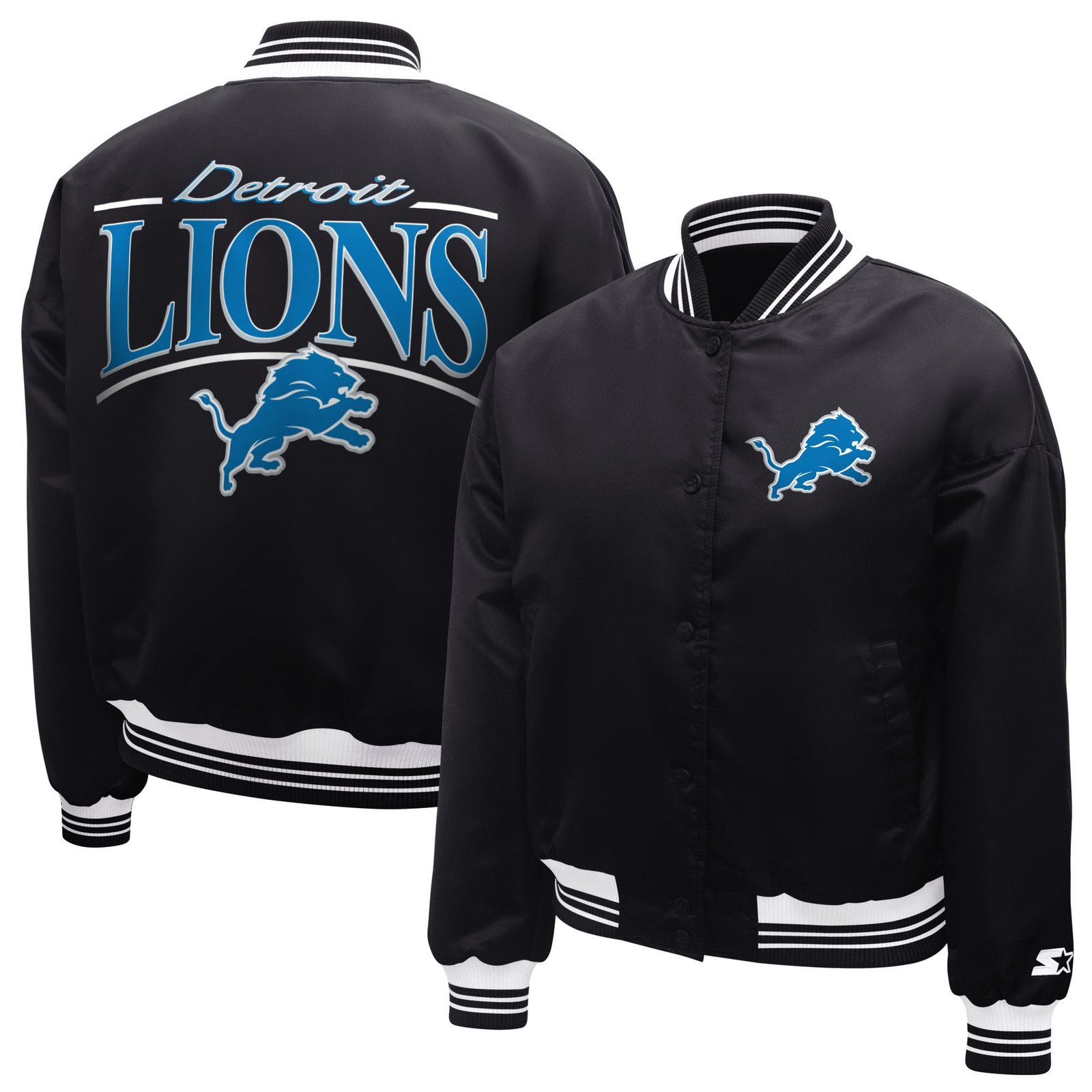 Women’s Starter Black Detroit Lions Satin Full-Snap Varsity Jacket