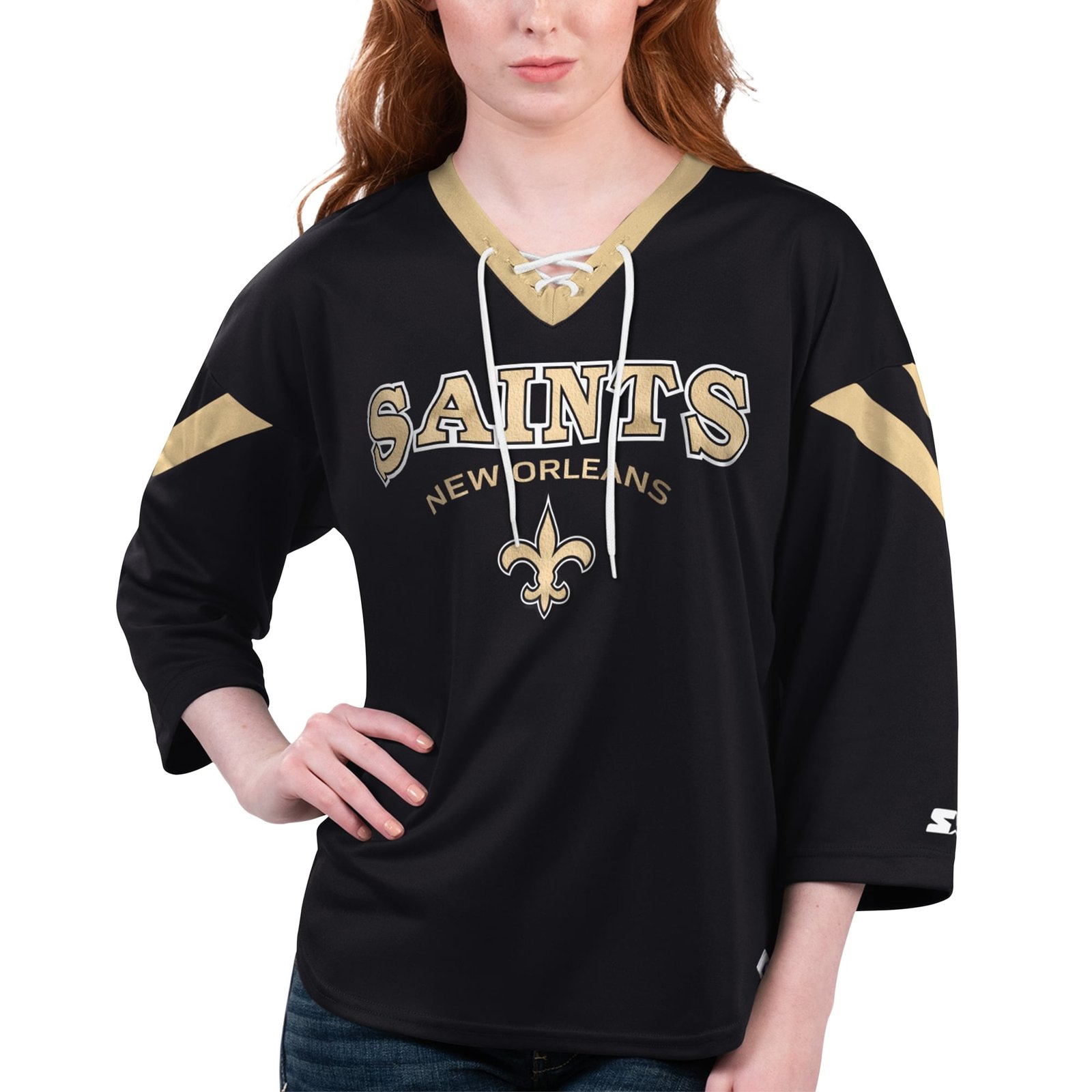 Women’s Starter Black New Orleans Saints Rally Lace-Up 3/4 Sleeve T-Shirt