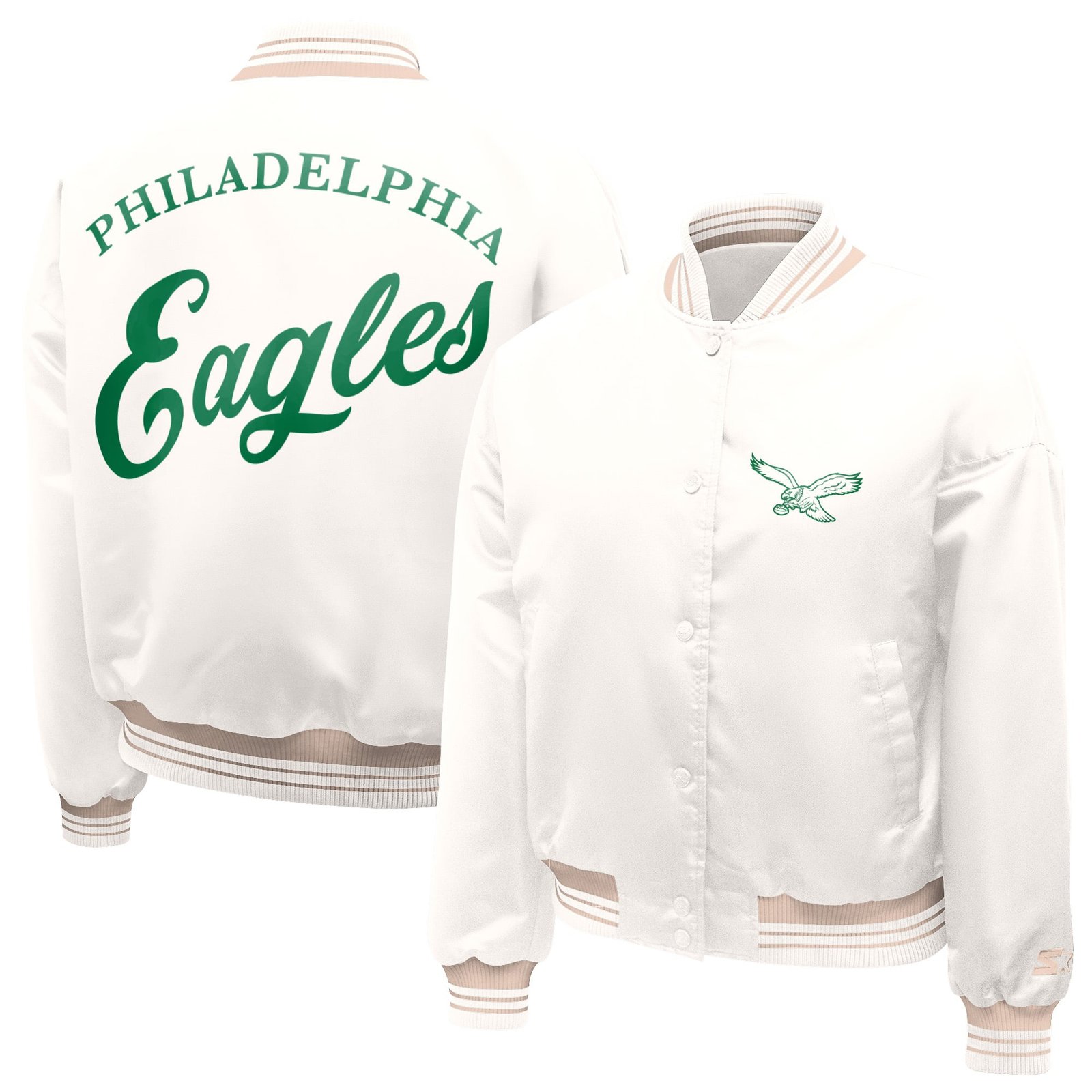 Women’s Starter Cream Philadelphia Eagles Fashion Script Satin Full-Snap Varsity Jacket