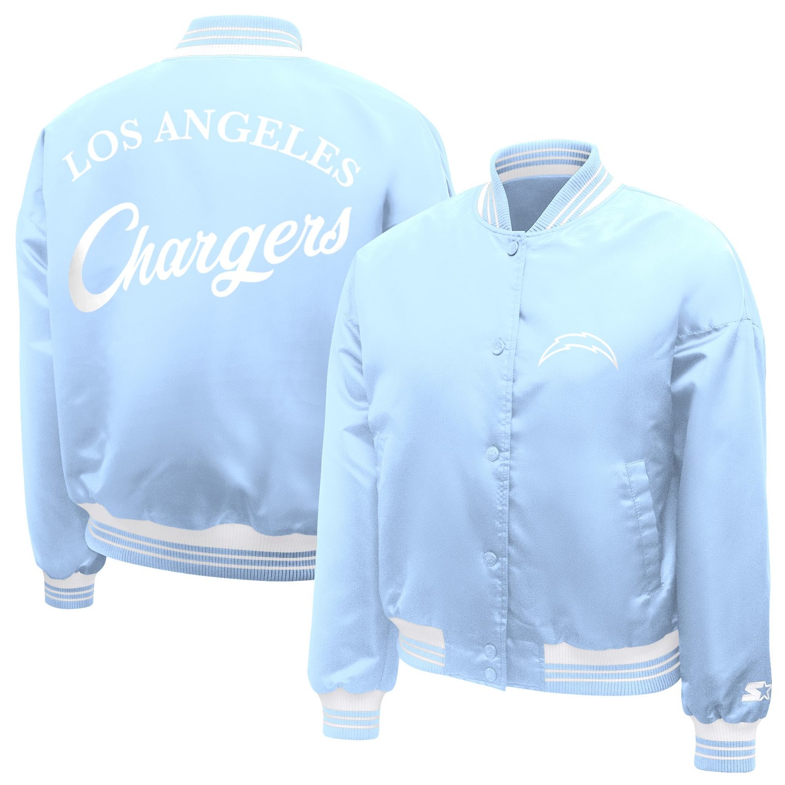 Women’s Starter Light Blue Los Angeles Chargers Fashion Script Satin Varsity Jacket