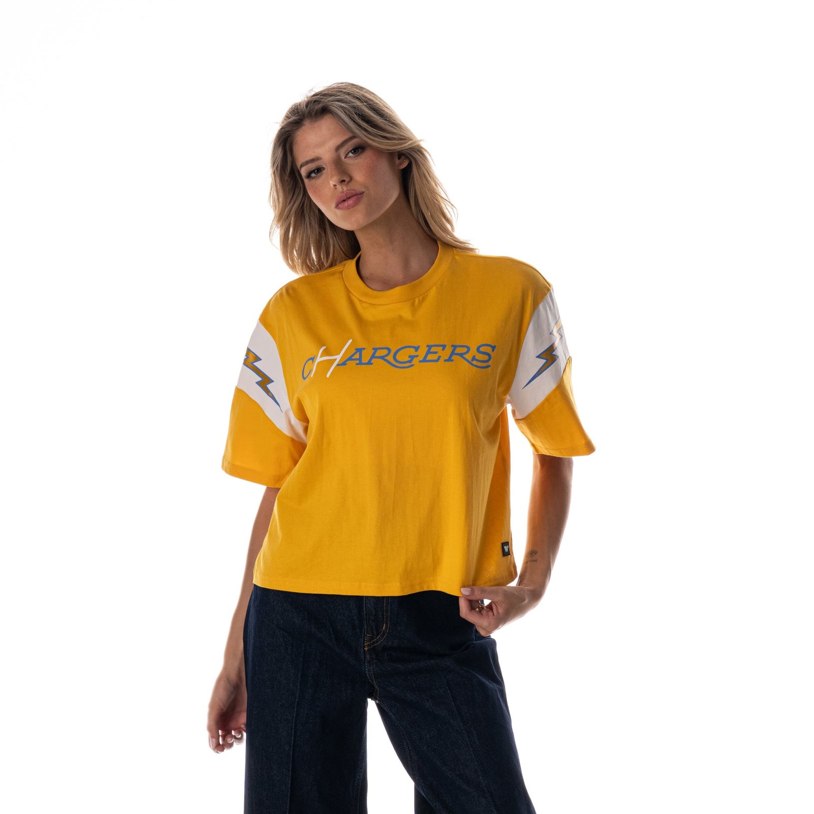 Women’s The Wild Collective Gold Los Angeles Chargers Charger Power Contrast Sleeve Insert T-Shirt