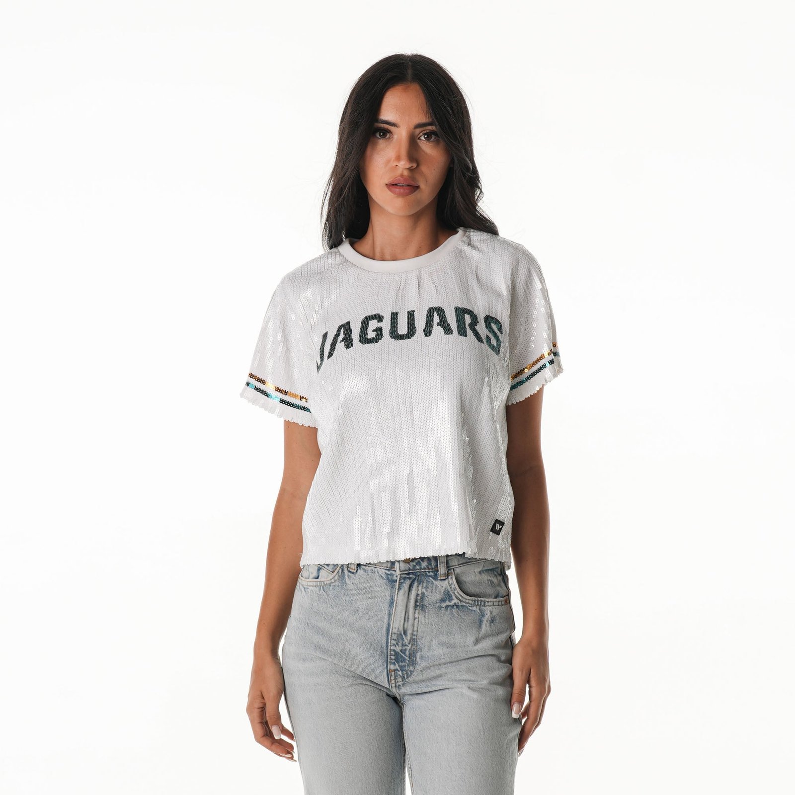 Women’s The Wild Collective White Jacksonville Jaguars Rhinestone Sequin Cropped T-Shirt