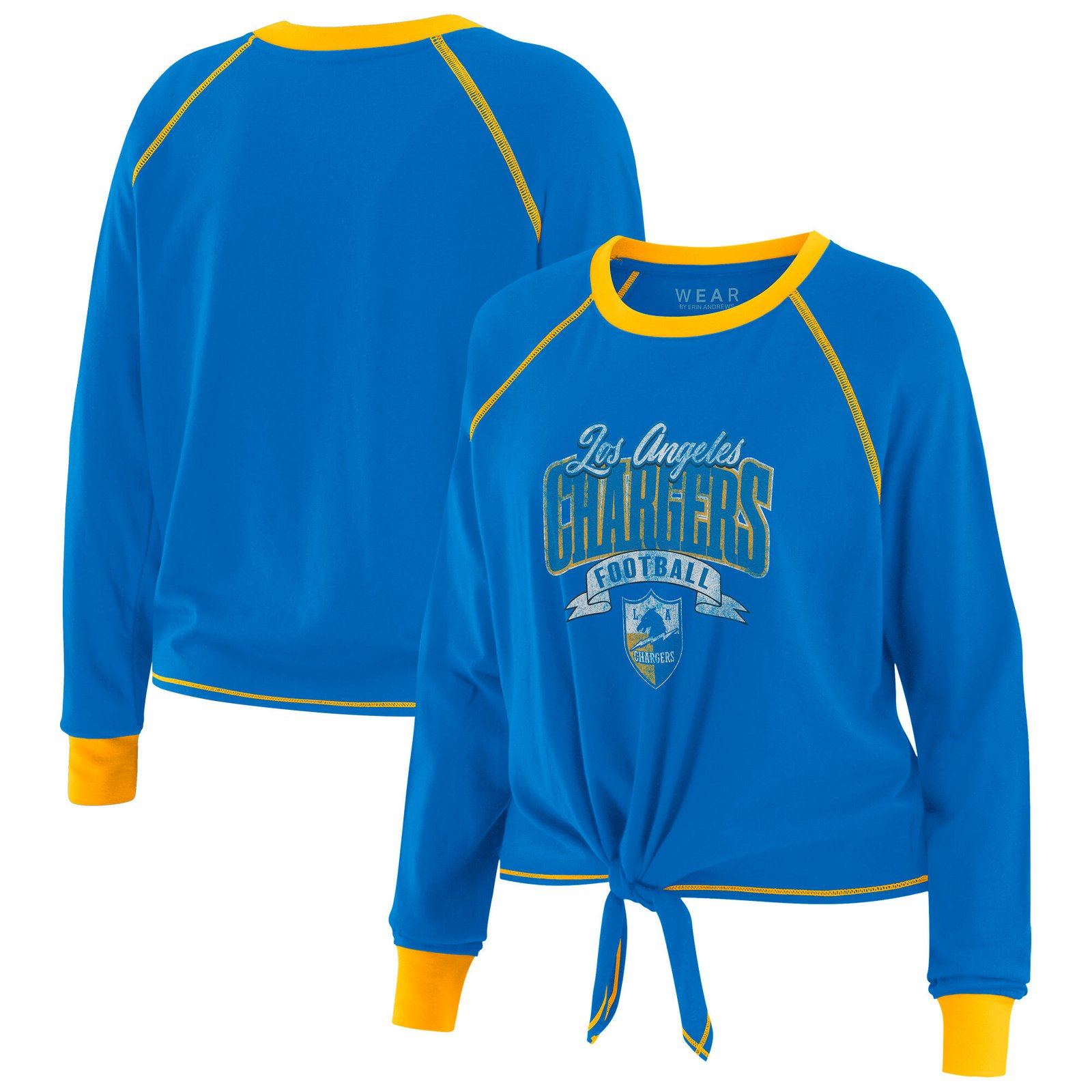 Women’s WEAR by Erin Andrews Powder Blue/Gold Los Angeles Chargers Plus Size Tie-Front Long Sleeve Top